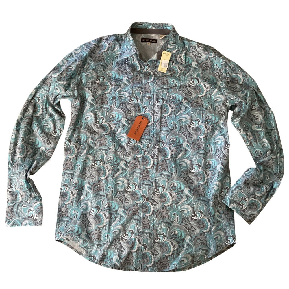 Stetson Mens Turquoise Grey Paisley Pearl Snap Western Shirt L NWT